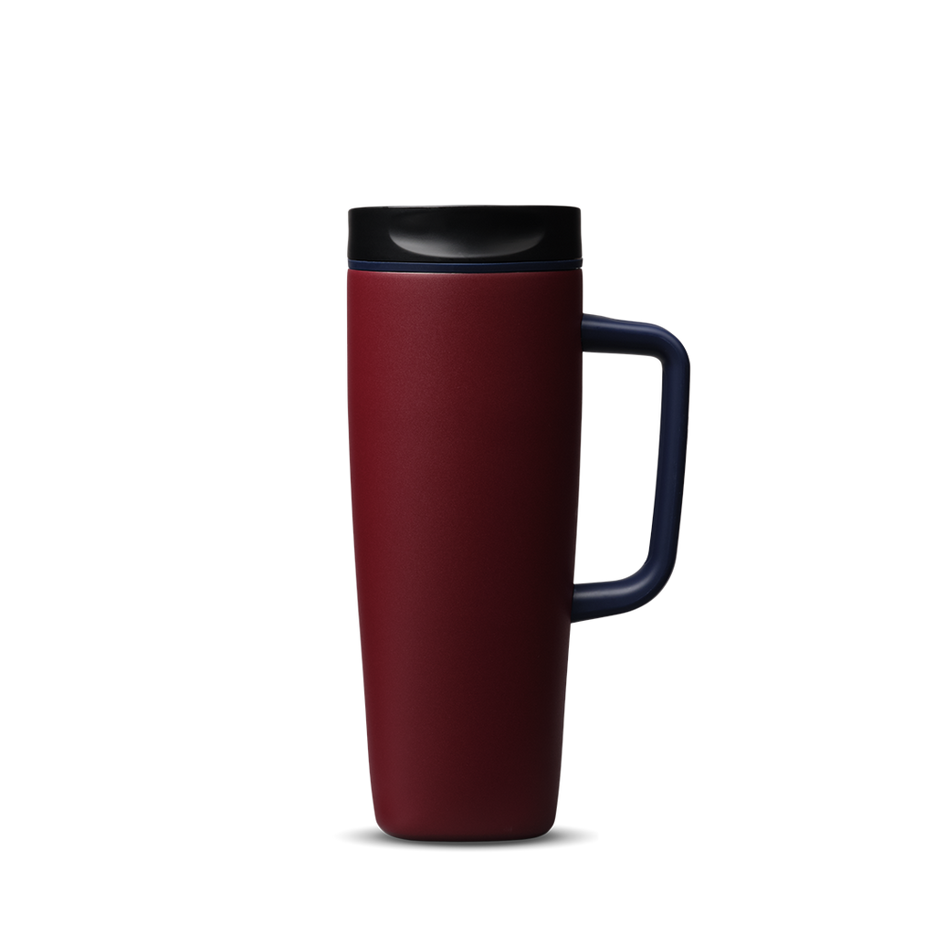Owala SmoothSip Slider with Handle 24oz in Burgundy Bay, deep crimson insulated stainless steel body with black lid, purple slider button, and dark navy handle on right side
